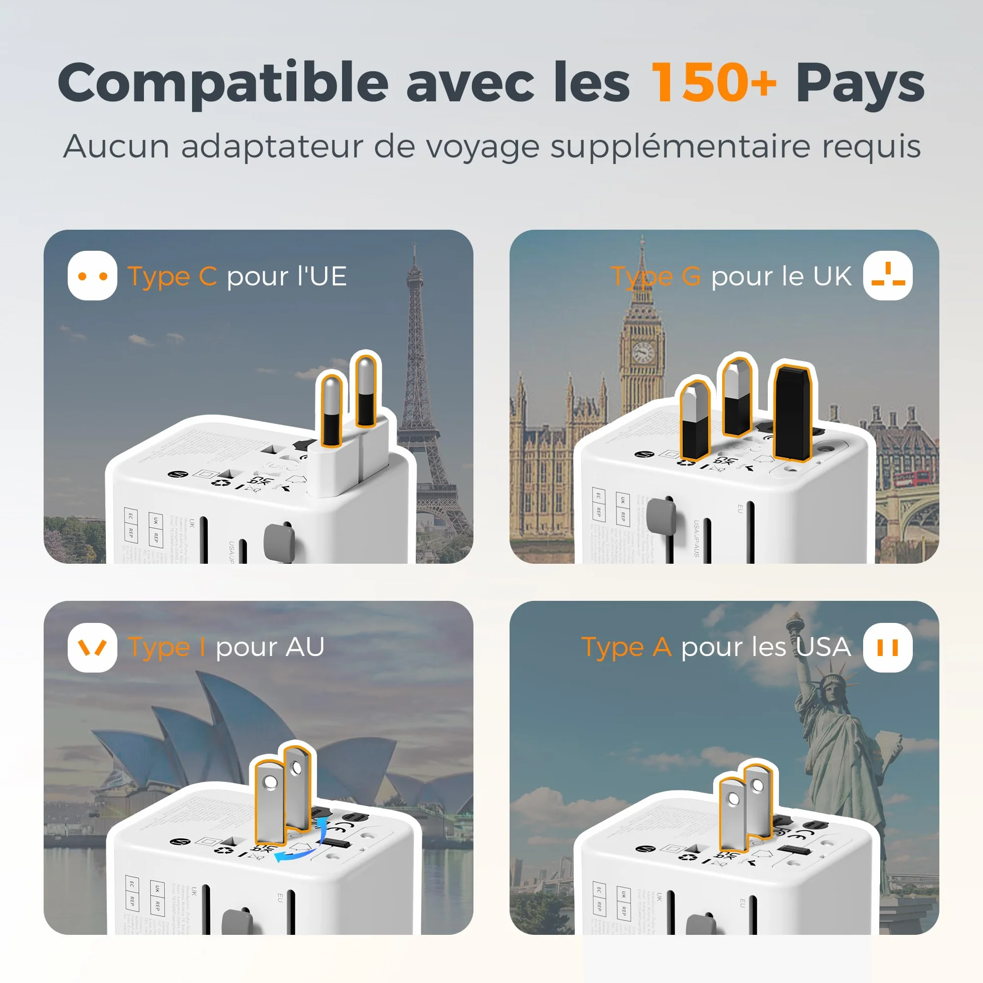 TESSAN Adaptateur Prise Universelle, Chargeur Universel 2 USB C 2 USB A Voyage France vers UK USA Canada Australie