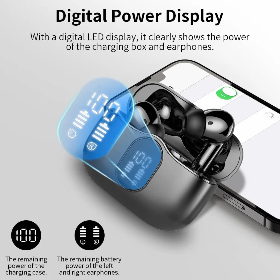 Btootos Écouteurs Bluetooth 5.3 sans Fil avec Réduction Antibruit ENC, Hi-Fi Stéréo, 36 Heures, IP7 Étanche, Écran LED, Contrôle Tactile