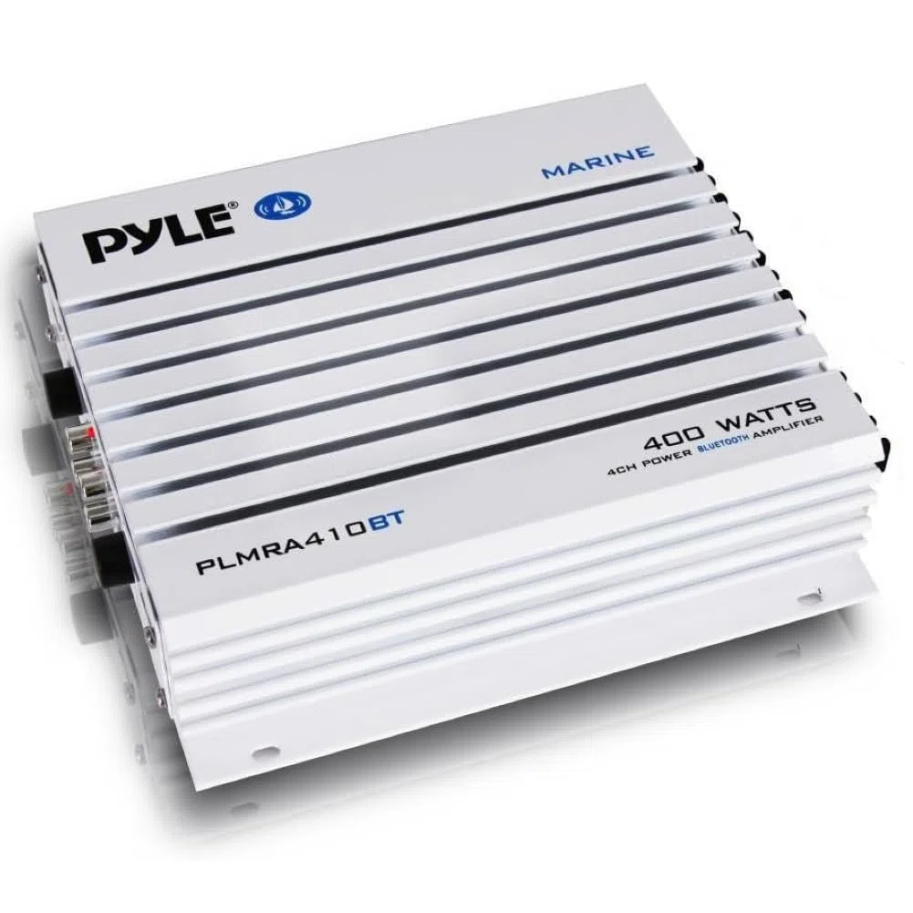 KIT SET POUR PYLE PLMRA410BT 1 Amplificateur marin 4 canaux, classe AB, 4 x 100 watts max, étanche, connectivité Bluetooth 2.1, pour piscines, bateaux, bateaux, 1 pièce + câbles gratuits