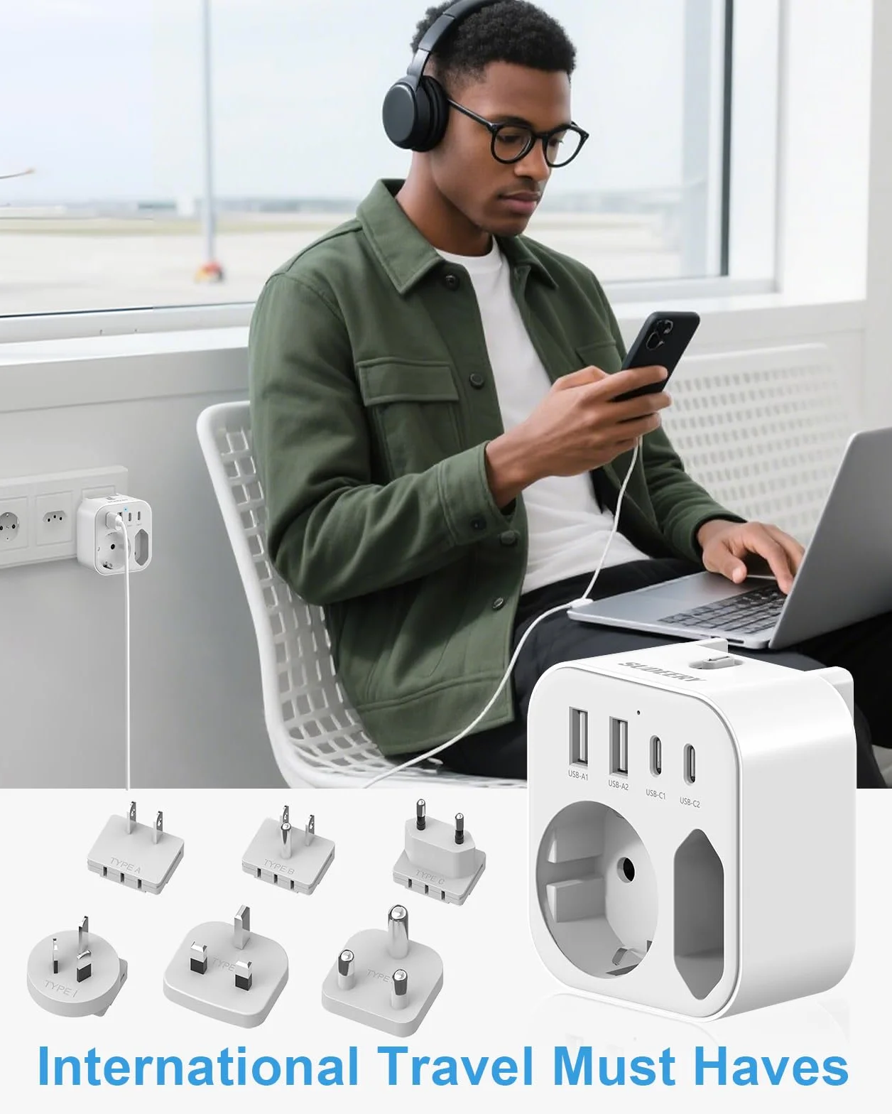 Adaptateur de Voyage Universel 6 Prises Internationales USB A USB C USA UK EU AUS Japon Afrique du Sud