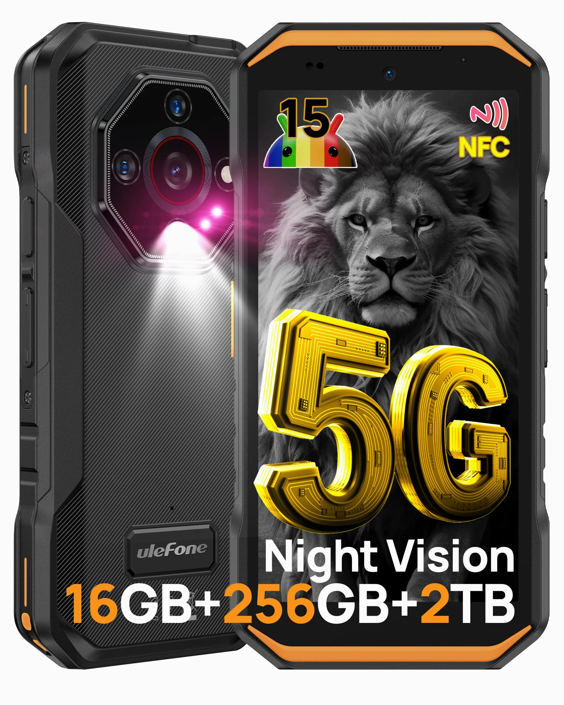 Ulefone Armor X32 Pro Téléphone Portable Incassable 5G, 16Go+256Go/SD-2TB Android 15 Smartphone 5500mAh 64MP+16MP+25MP Vision Nocturne, 5,65" 3-Slots/Flashlight/Face ID/Fingerprint/GPS/OTG/NFC Orange