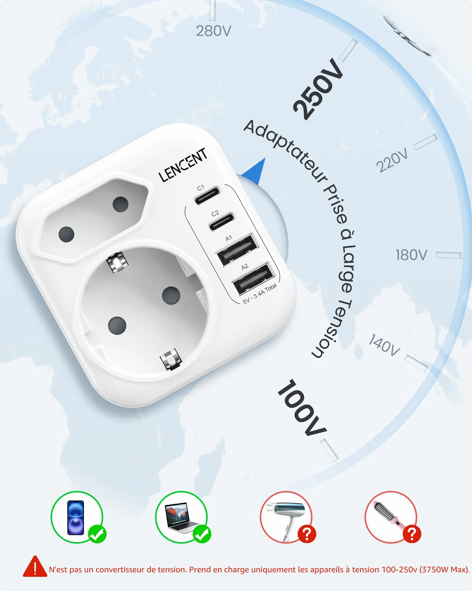 LENCENT Adaptateur Prise USA Canada USB C Type B Chargeur Voyage États-Unis Mexique