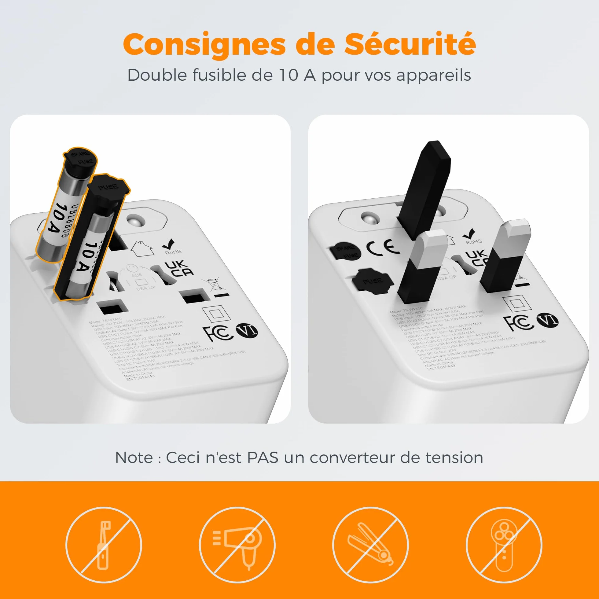 TESSAN Adaptateur Prise Universelle, Chargeur Universel 2 USB C 2 USB A Voyage France vers UK USA Canada Australie
