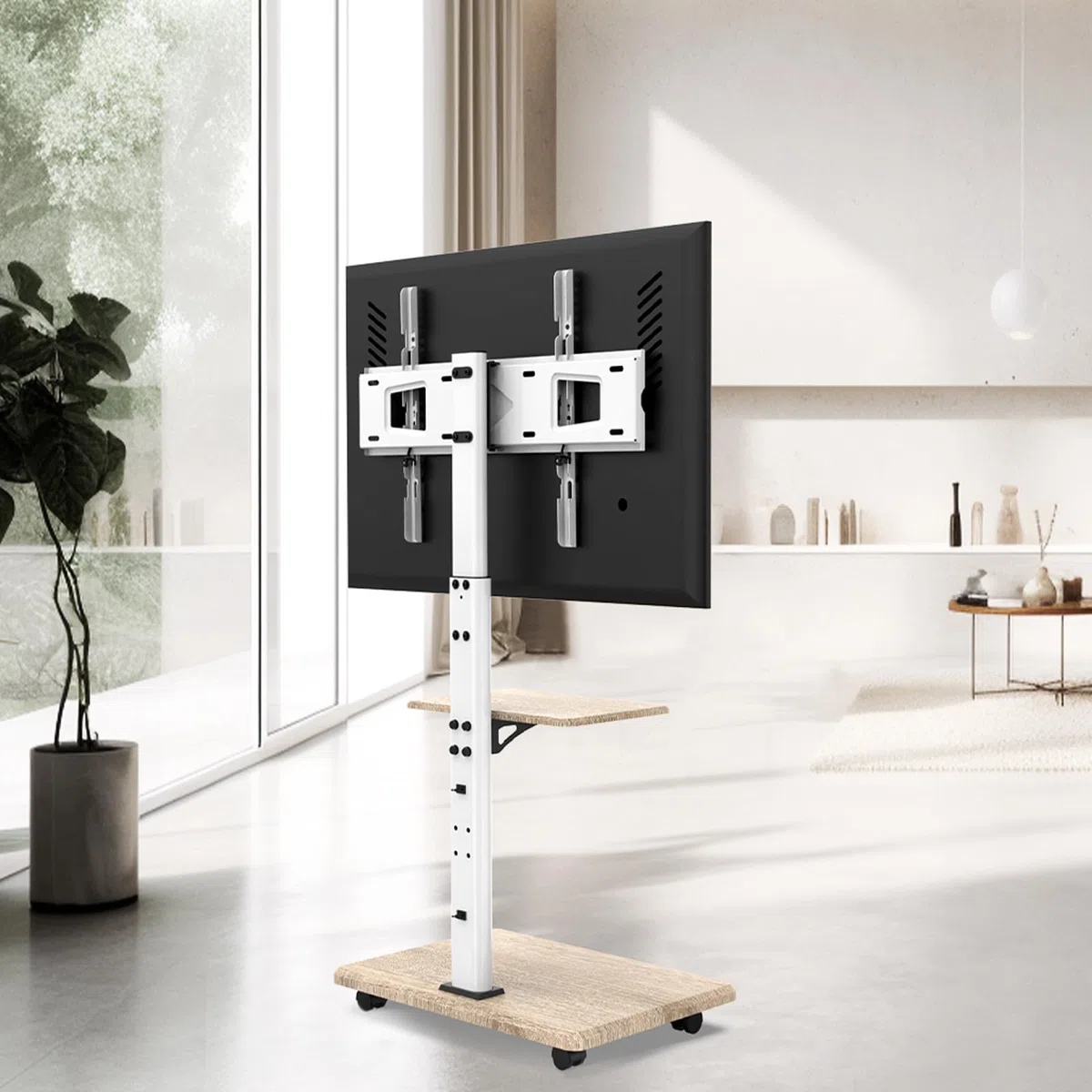 Delphos Support TV Mobile avec Socle en Bois, Meuble TV à roulettes 32-70" jusqu'à 45 kg, Chariot Meuble TV réglable en Hauteur jusqu'à env. 130 cm, Rotatif ±25° Max. VESA 600x400 Blanc