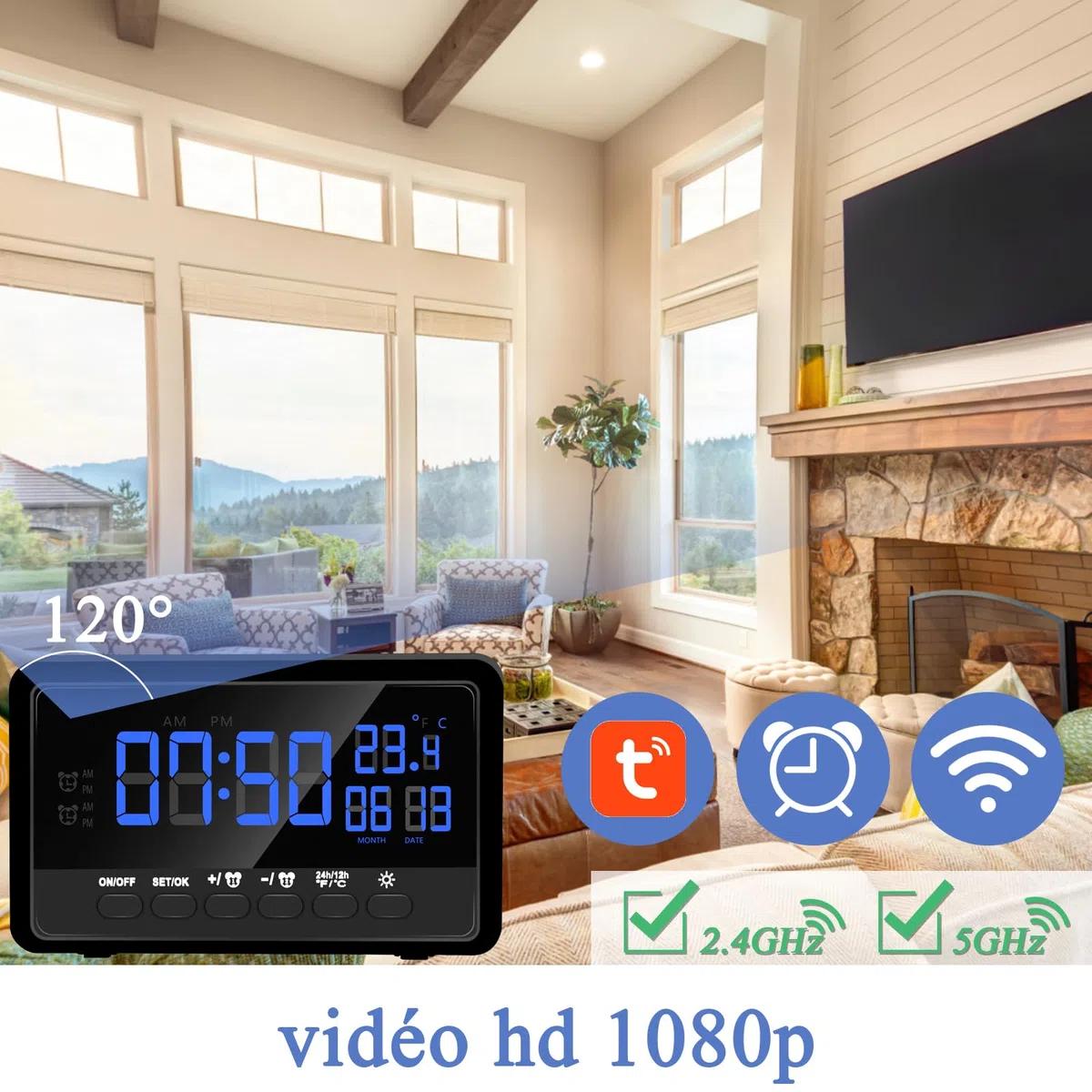 2.4/5Ghz WiFi Caméra Cachée, HD 1080P Mini Caméra Cachée Espion, 2 en 1 Réveil WiFi Camera Espion avec Vision Nocturne et Détection de Mouvement supportant 2 Réveils et APP Vue à Distance