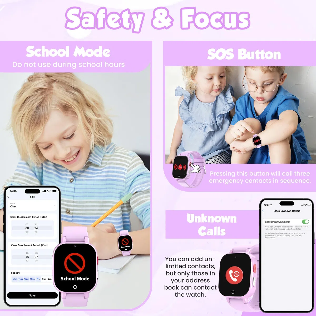 Montre Connectée Enfants GPS, 4G Smartwatch Téléphone pour Filles et Garçons avec Appel, Vidéo, SOS, Chat, Mode Classe Podomètre, Jeux, Réveil, Montre Intelligente Enfant 4 à 12 Cadeau (Violet)