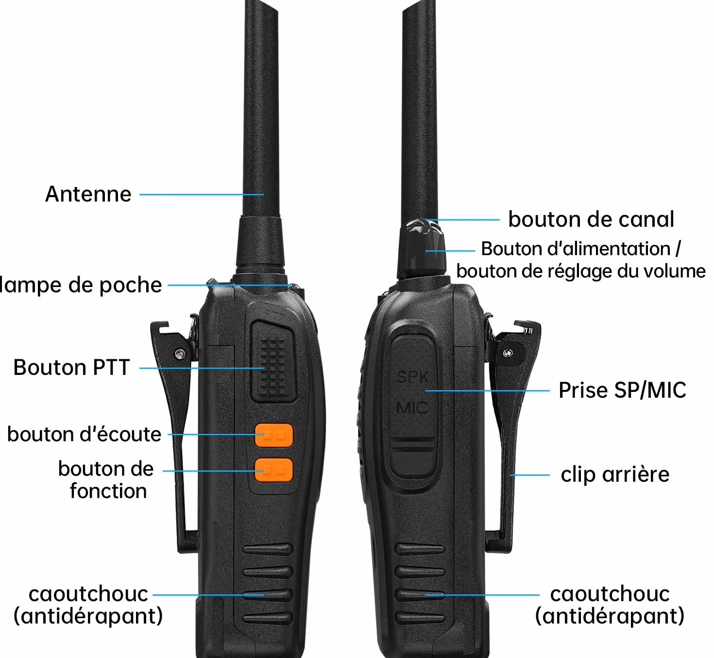 Talkie walkie Longue portée 888S Walkie Talkies Vox Rechargeable PMR 446 MHz 16 Canaux Noir 2 Pièces