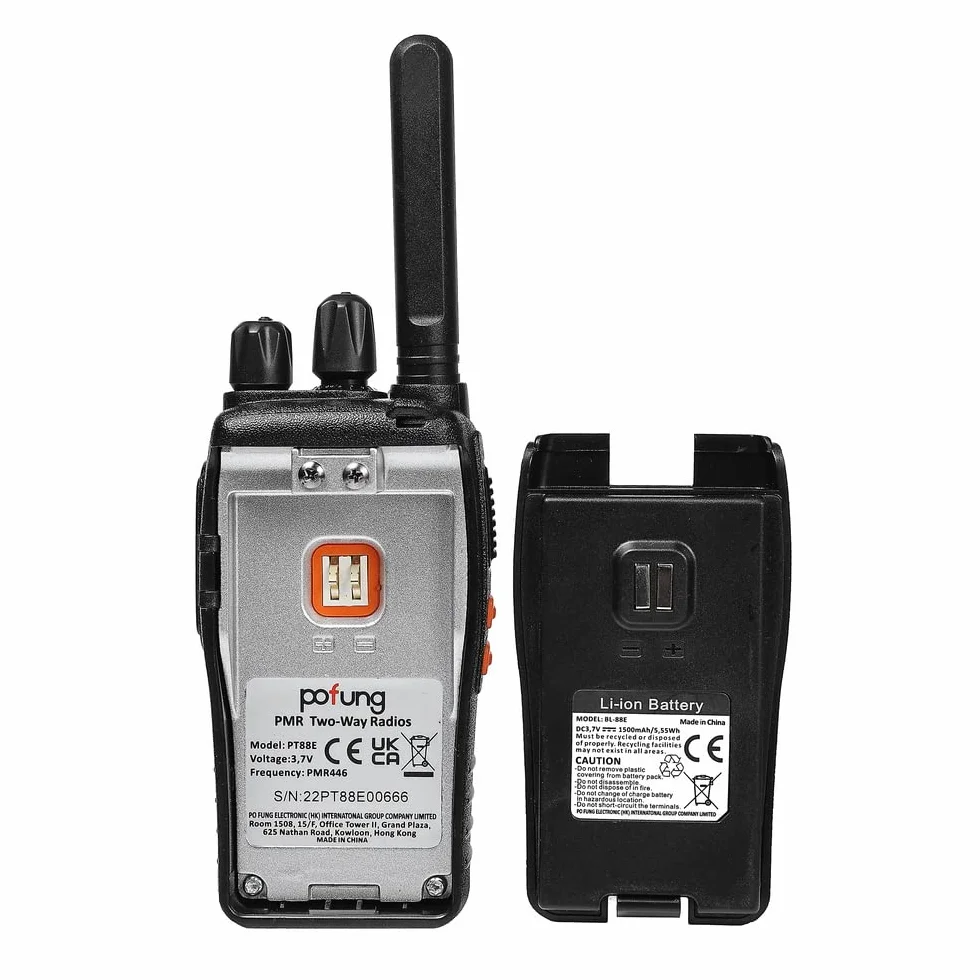 Talkie Walkie PT88E PMR446 sans Licence 16 Canaux Rechargeable avec Chargeur USB Lampe LED Professionnel 2pcs Noir