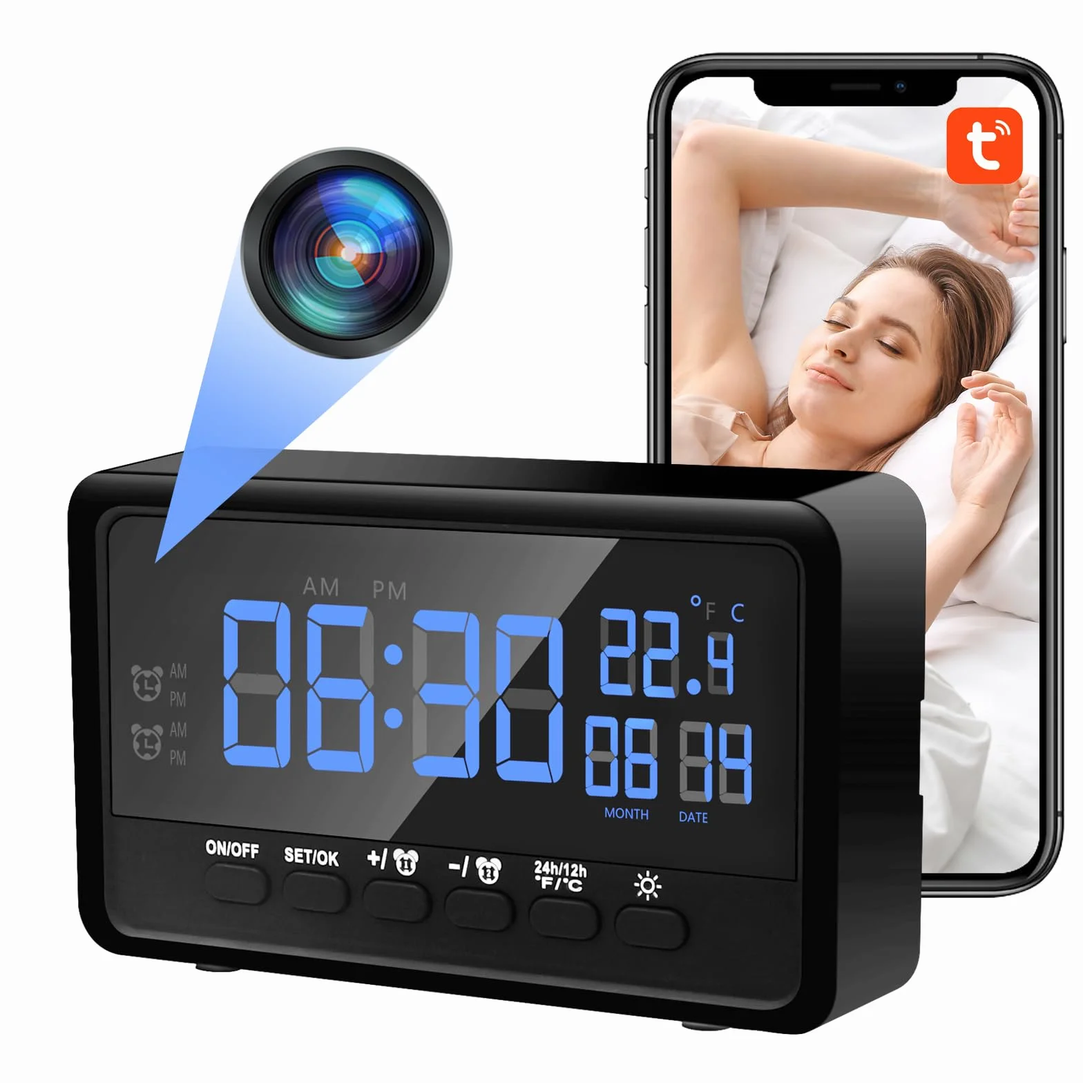 2.4/5Ghz WiFi Caméra Cachée, HD 1080P Mini Caméra Cachée Espion, 2 en 1 Réveil WiFi Camera Espion avec Vision Nocturne et Détection de Mouvement supportant 2 Réveils et APP Vue à Distance