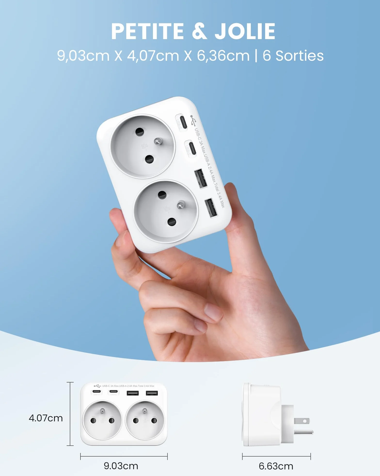 LENCENT Adaptateur de Voyage Type B 6 en 1 USA Canada Mexique Thaïlande Prise Française 2 Prises AC 2 Ports USB-A 2 Ports USB-C