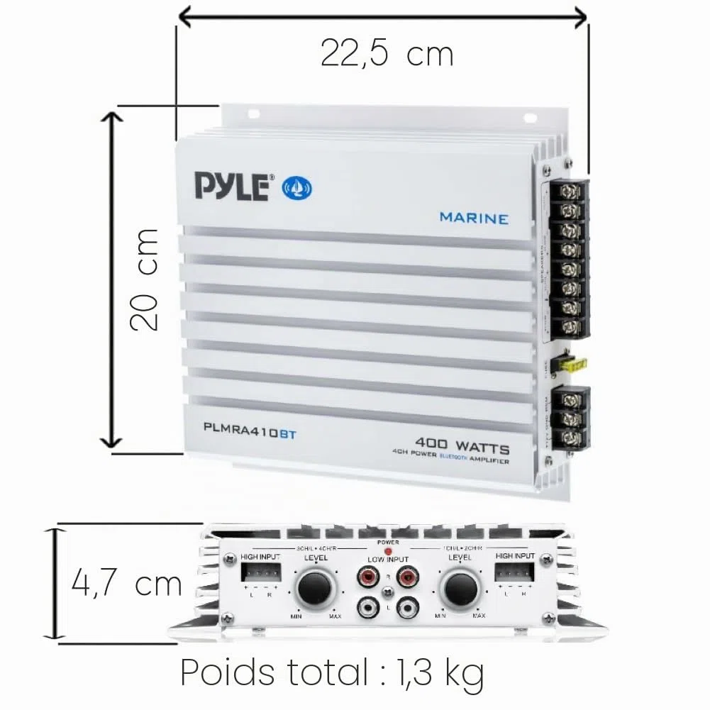 KIT SET POUR PYLE PLMRA410BT 1 Amplificateur marin 4 canaux, classe AB, 4 x 100 watts max, étanche, connectivité Bluetooth 2.1, pour piscines, bateaux, bateaux, 1 pièce + câbles gratuits