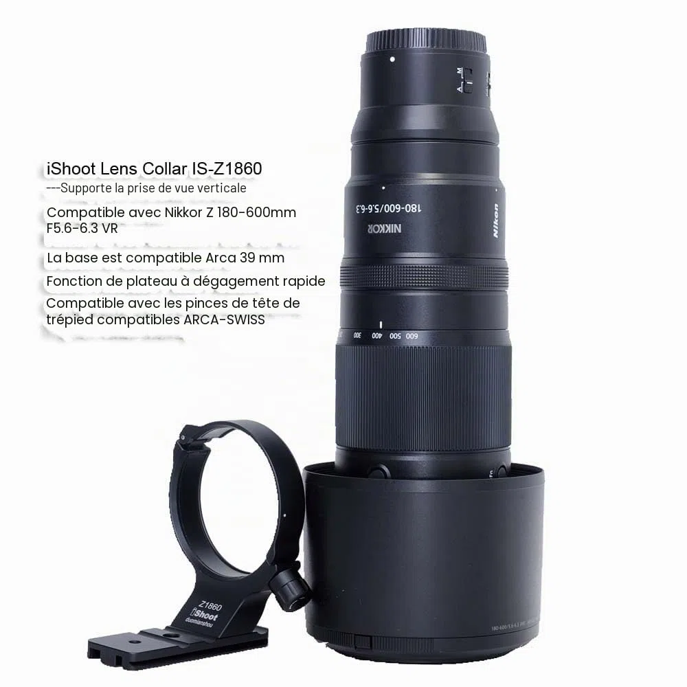 iShoot Bague de Fixation pour trépied Compatible avec Nikon Nikkor Z 180-600 mm F5.6-6.3 VR, Support d'objectif inférieur Arca-Swiss Fit Plaque à dégagement Rapide pour trépied Arca et stabilisateur
