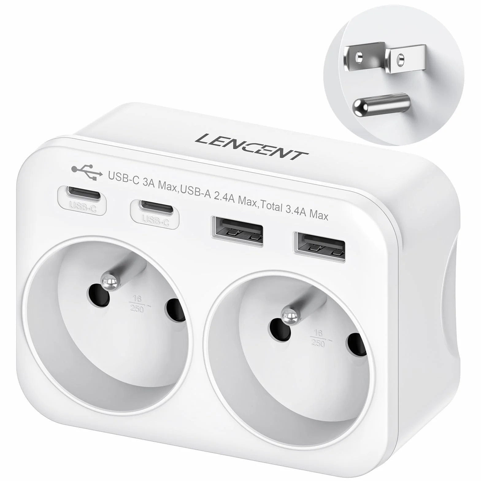 LENCENT Adaptateur de Voyage Type B 6 en 1 USA Canada Mexique Thaïlande Prise Française 2 Prises AC 2 Ports USB-A 2 Ports USB-C