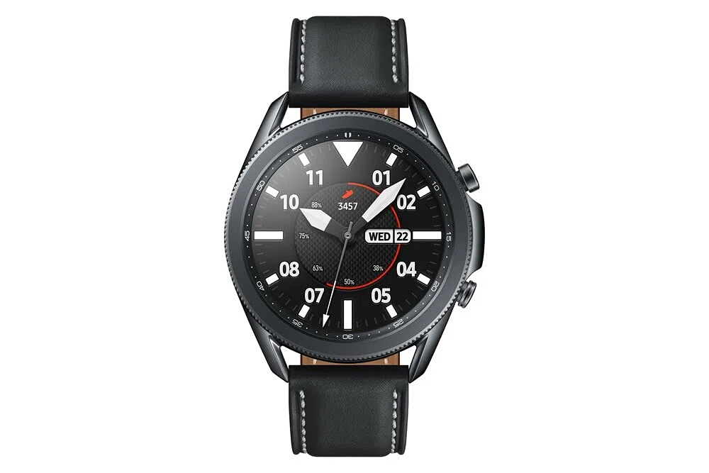 Samsung Galaxy Watch3 Montre connectée Bluetooth, boîtier 45 mm Acier, Bracelet en Cuir, détection de Chute, Suivi du Sport, 53,8 g, Batterie 340 mAh, IP68, Mystic Black Version FR