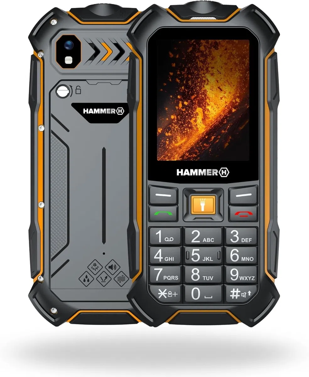Hammer Boost 2 LTE Téléphone incassable 4G IP68, téléphone Portable Senior à Grandes Touches, Lampe Torche, écran 2,4", Dual SIM, Batterie 3500 mAh, Noir Orange