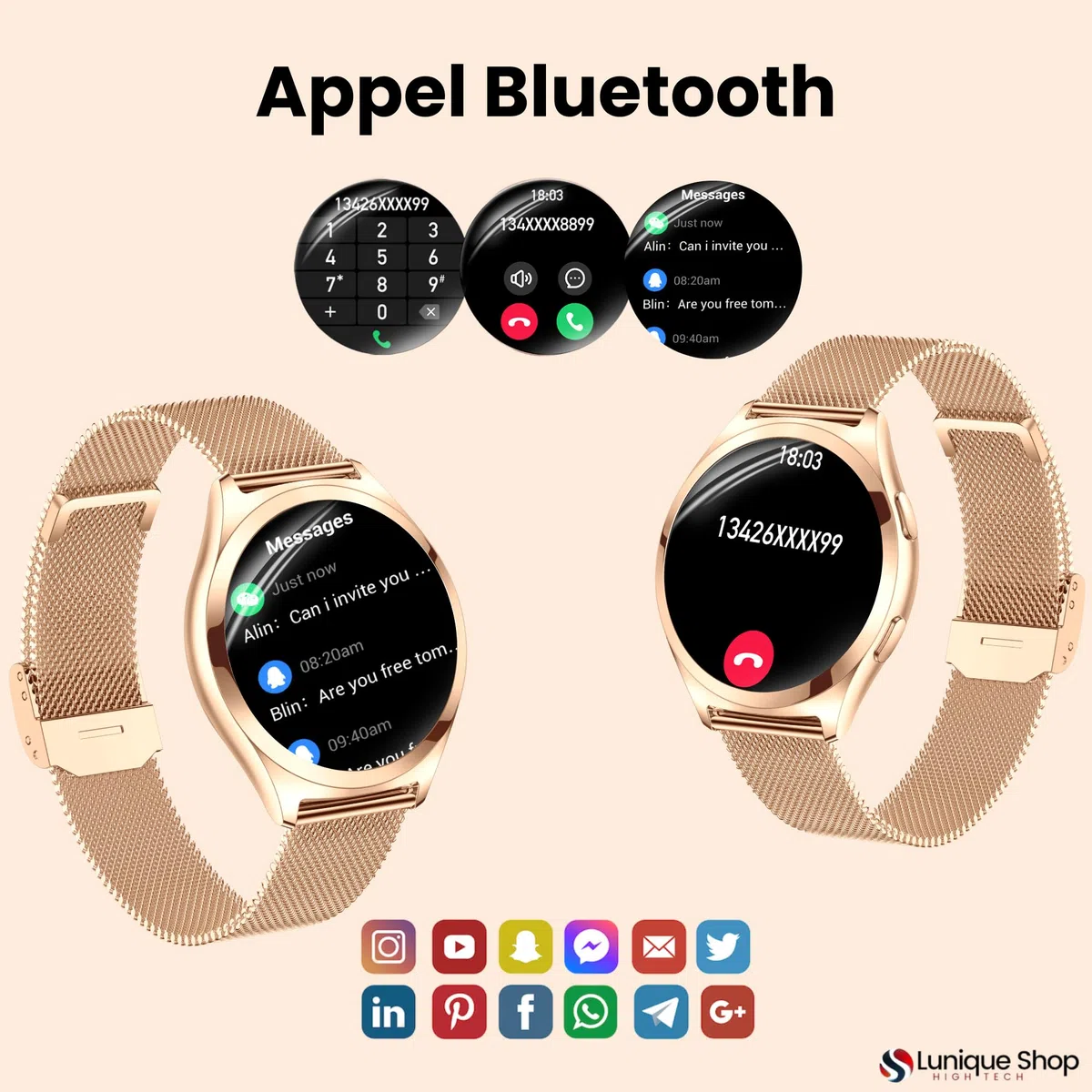 LSWATCH V2 Montre Connectée Femme avec Appel Bluetooth 1.6"- Smartwatch Oxygene Sanguin Tension Fréquence Cardiaque Podomètre Sommeil Météo 2 Bracelets Intelligent iOS Android +100 Sport