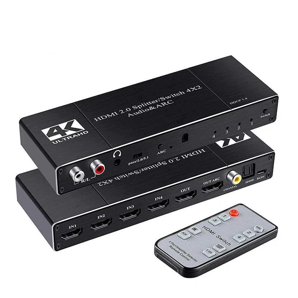 4x2 HDMI Switcher Splitter,4x2 HDMI 2.0 Audio & commutateur Arc Répartiteur de Commutation HDMI 4 en 2 Sorties avec Port Optique coaxial 3,5 mm L/R avec télécommande IR