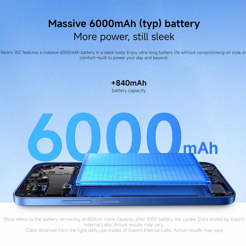 XIAOMI Redmi 15C Smartphone 6GB+128GB 50MP AI Dual Camera System Immersive 6.9" Display Powerful Octa-Core Processor Massive 6000mAh Battery Powered by 33W Fast Charging（Blue）