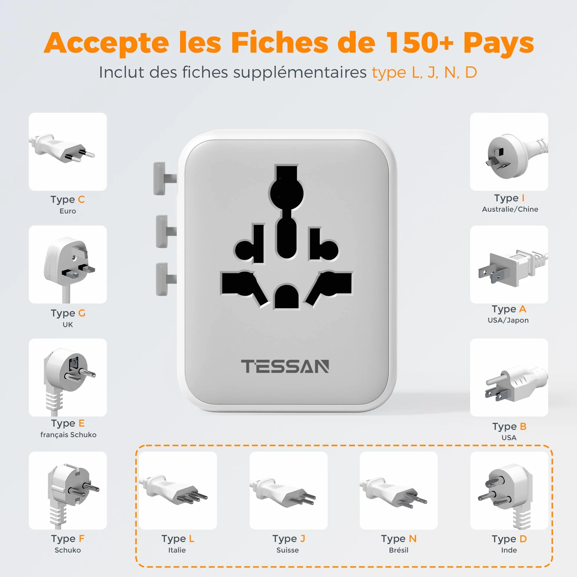 TESSAN Adaptateur Prise Universelle, Chargeur Universel 2 USB C 2 USB A Voyage France vers UK USA Canada Australie