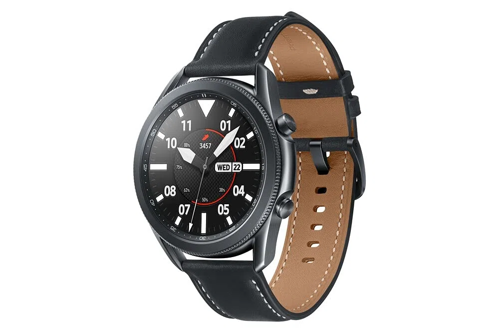 Samsung Galaxy Watch3 Montre connectée Bluetooth, boîtier 45 mm Acier, Bracelet en Cuir, détection de Chute, Suivi du Sport, 53,8 g, Batterie 340 mAh, IP68, Mystic Black Version FR