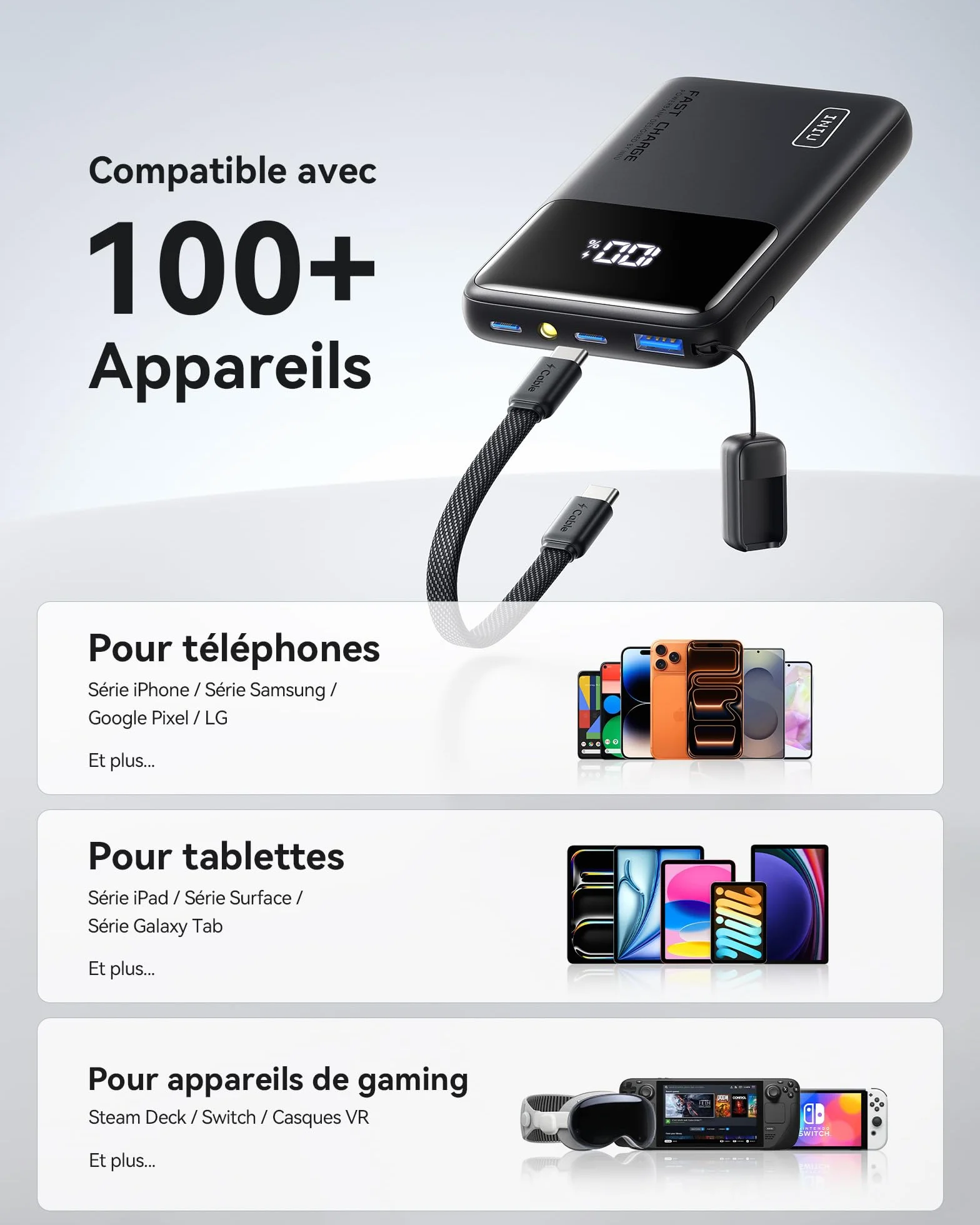 INIU Batterie Externe 10000mAh 45W Charge Rapide Power Bank avec Câble USB C Amovible pour iPhone Samsung Xiaomi iPad