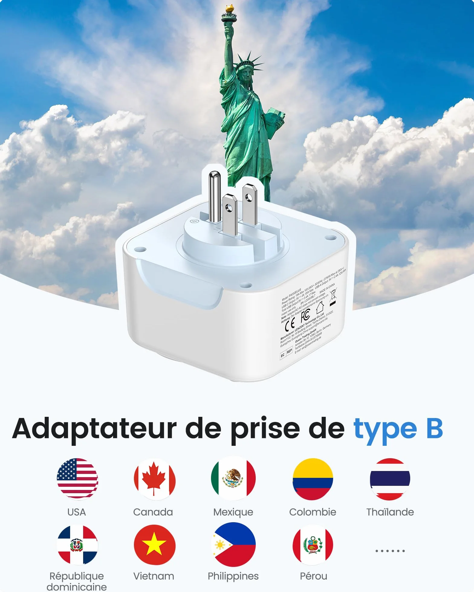 LENCENT Adaptateur Prise USA Canada USB C Type B Chargeur Voyage États-Unis Mexique