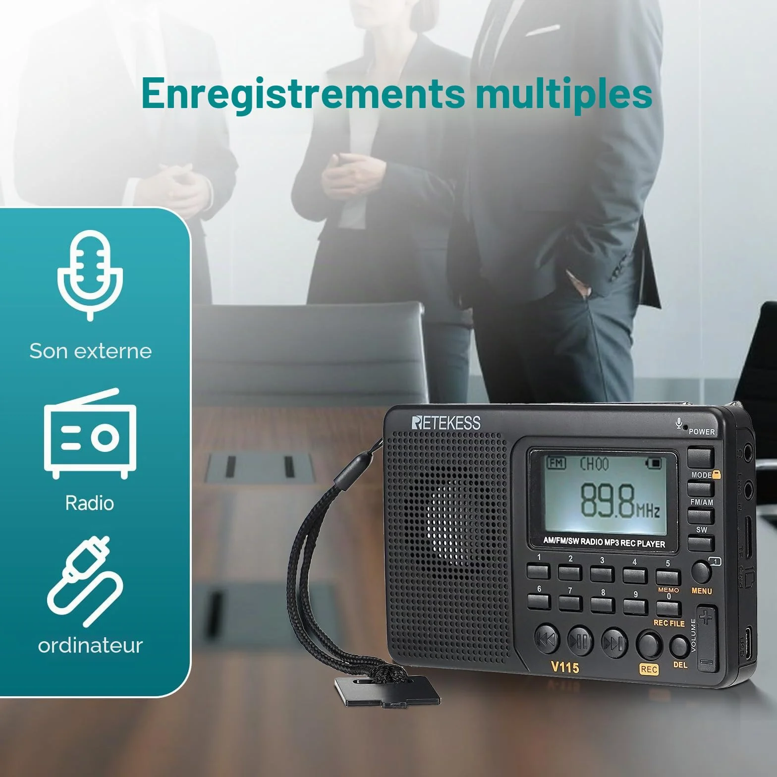 Retekess V115 Radio Portable FM AM SW Rechargeable Piles Secteur Carte TF Enregistreur MP3 Noir