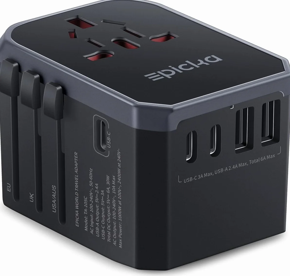 Adaptateur Prise Universelle de Voyage 30W, USB C, International USA Japon Canada UK Francais, Noir