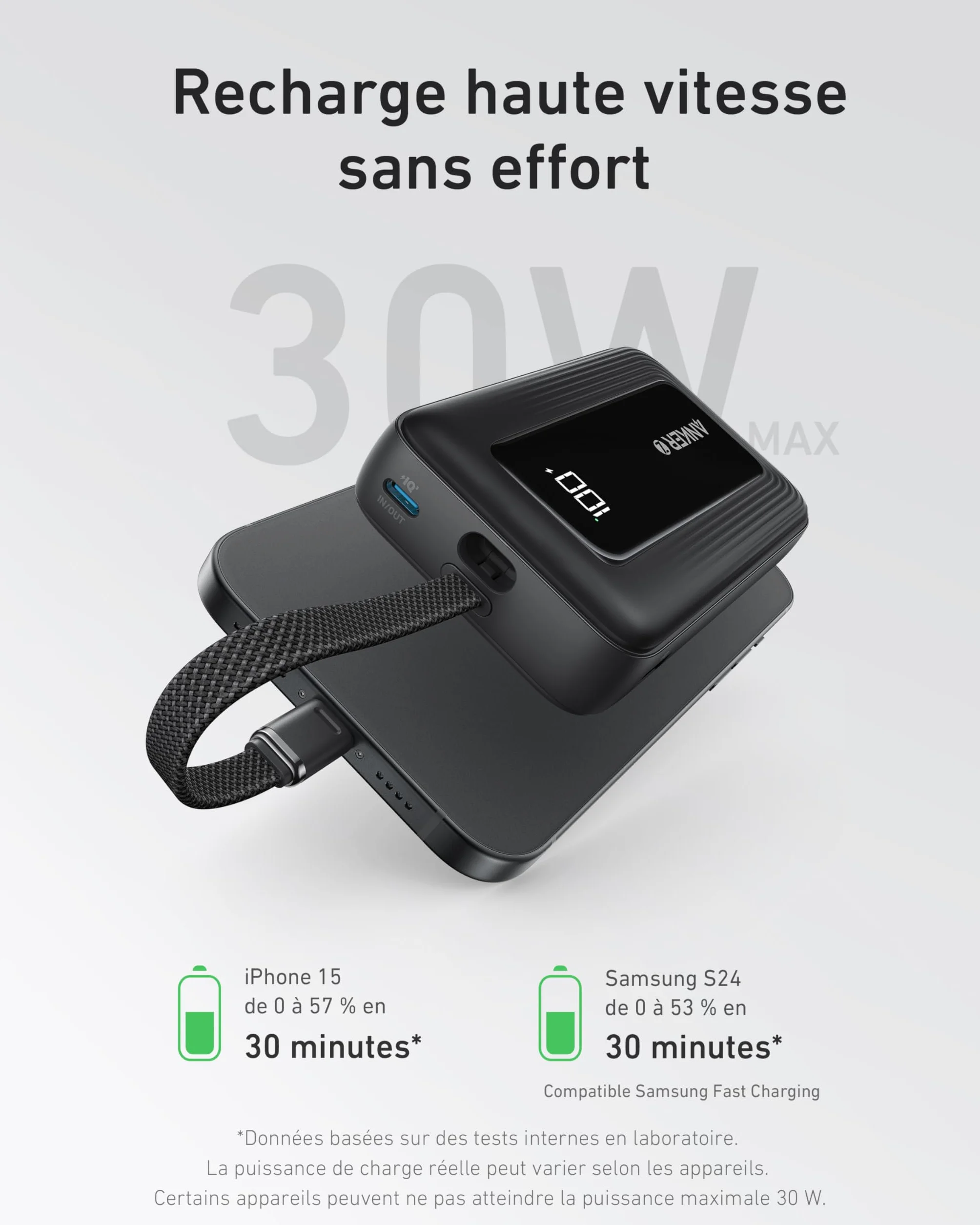 Anker Batterie Externe 20000mAh 30W USB C Intégré pour iPhone MacBook Galaxy