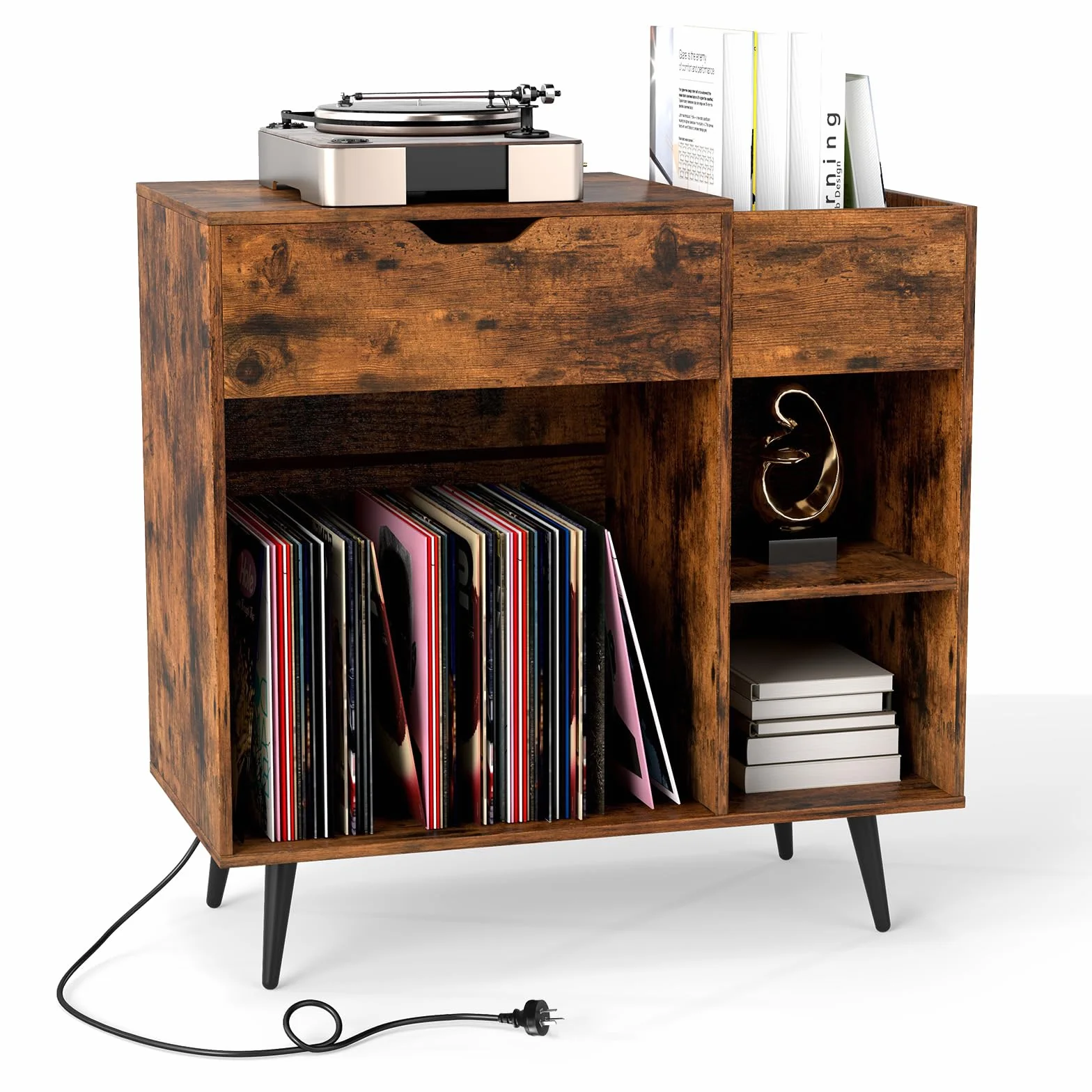 COSTWAY Meuble Tourne-Disque Vinyle avec Prise, Armoire Commode Vinyle avec Tiroir, 2 Prises, 1 USB, 1 Type-C, 2 Kits Anti-basculement, Support Tourne-Disque pour Salon, Chambre,