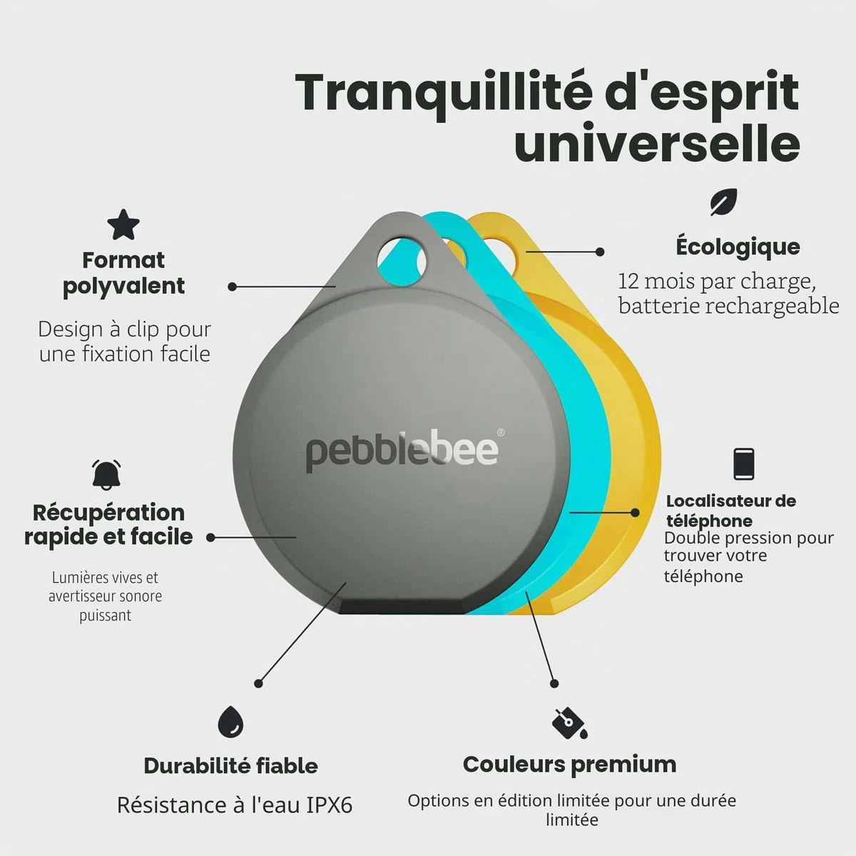 Pebblebee Clip 5 | Étiquette de suivi Bluetooth rechargeable pour clés et sacs | Alternative aux traqueurs Air Tag et Android | Sirène 130 dB, LED stroboscopique lumineux, batterie de 12 mois, mode de