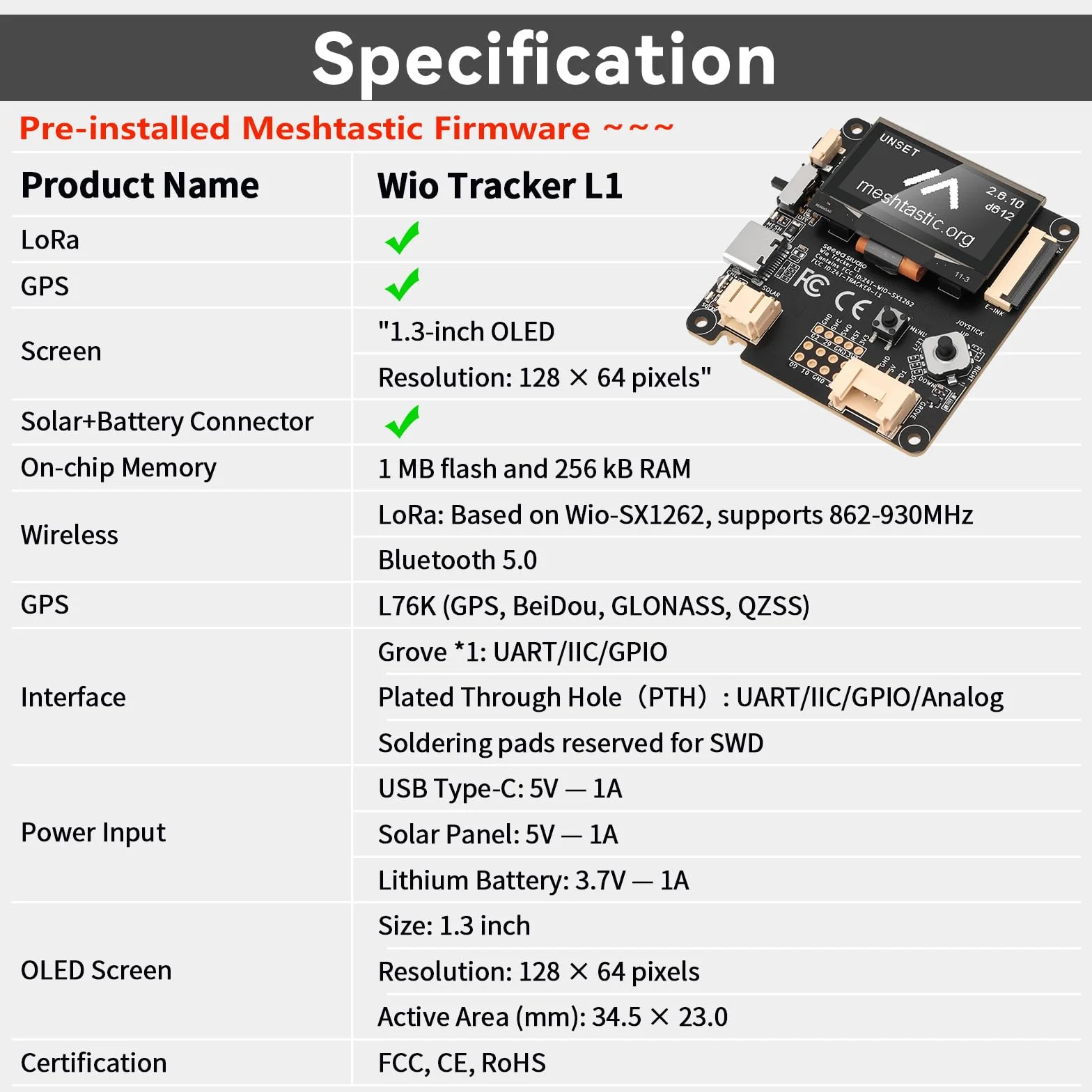 Wio Tracker L1 Carte avec batterie 3000 mAh et étui – SX1262 nRF52840 Kit pour Ar Duino Mesh Tastic Lo Ra, Blue Tooth 5.0, GPS GNSS, OLED 1,3", batterie de type C à charge solaire (N37