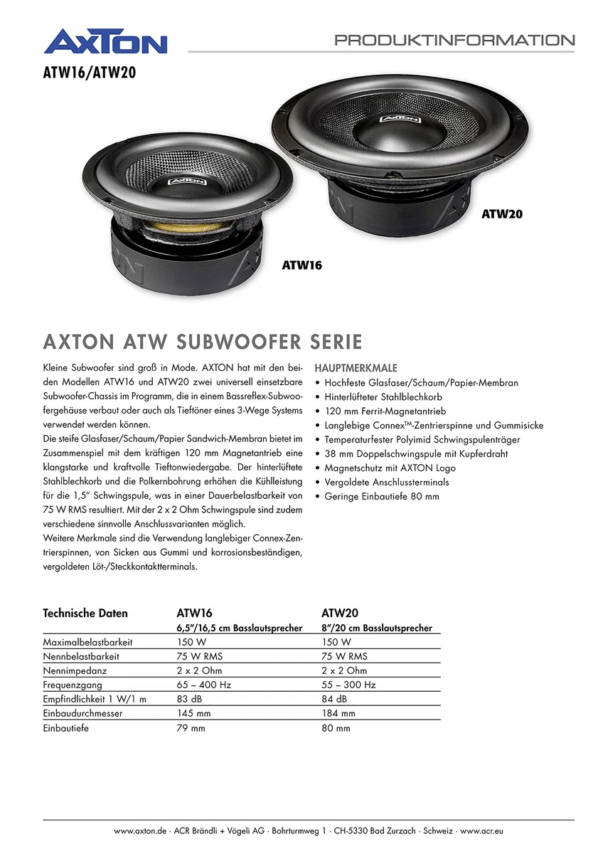 Axton ATW20 | 20 cm Subwoofer 2 x 2 Ohm 75 W RMS