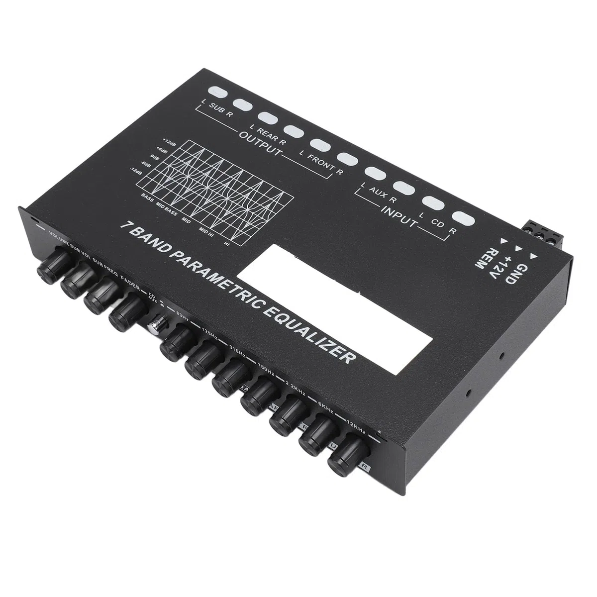 Tosuny Égaliseur Audio de Voiture 7 Bandes, égaliseur Graphique D'amplificateur de Voiture EQ 7 Bandes Réglable avec Sélecteur D'entrée CD AUX, avec Sorties Stéréo Auxiliaires 6 Canaux