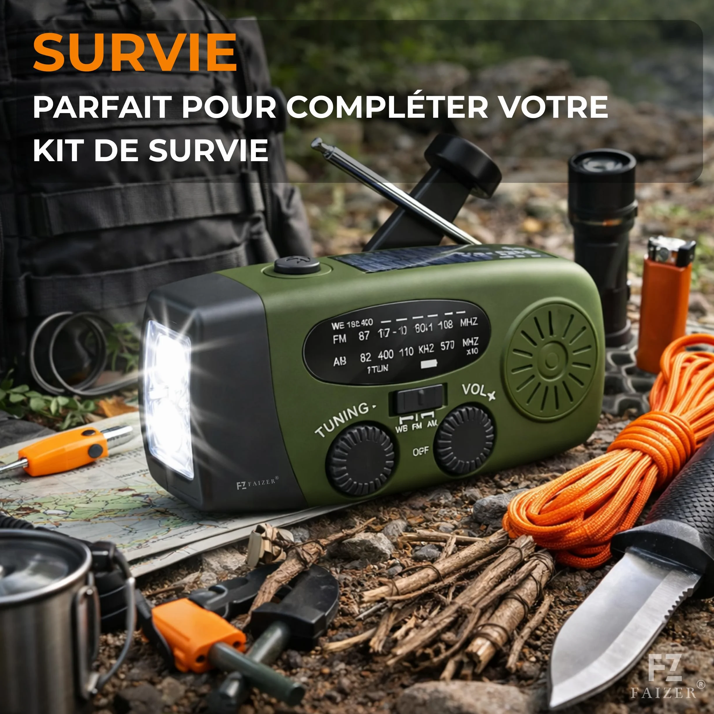 Radio Portable Urgence AM/FM/WB Auto-alimentée 2000mAh Dynamo Lampe SOS Powerbank Camping Randonnée Vert