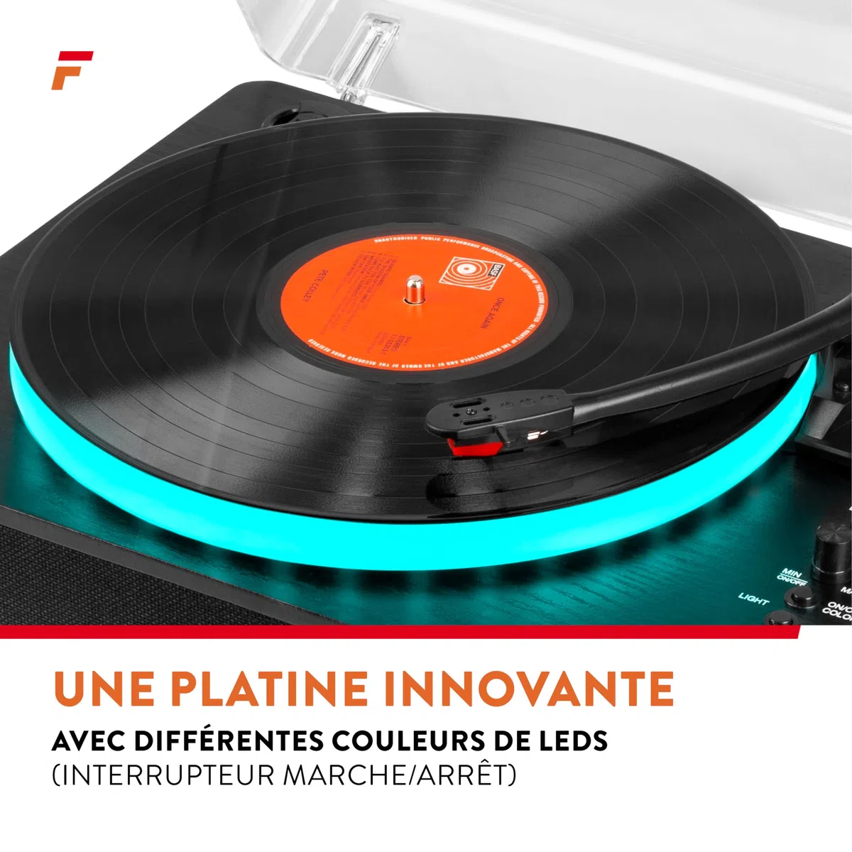 Fenton RP162LED Platine Vinyle LED BT avec Haut-Parleurs Intégrés - Noir, Lecture 33, 45 et 78 Tours, Émetteur & Récepteur BLT, Une Platine Moderne et Déco avec Son Plateau LED