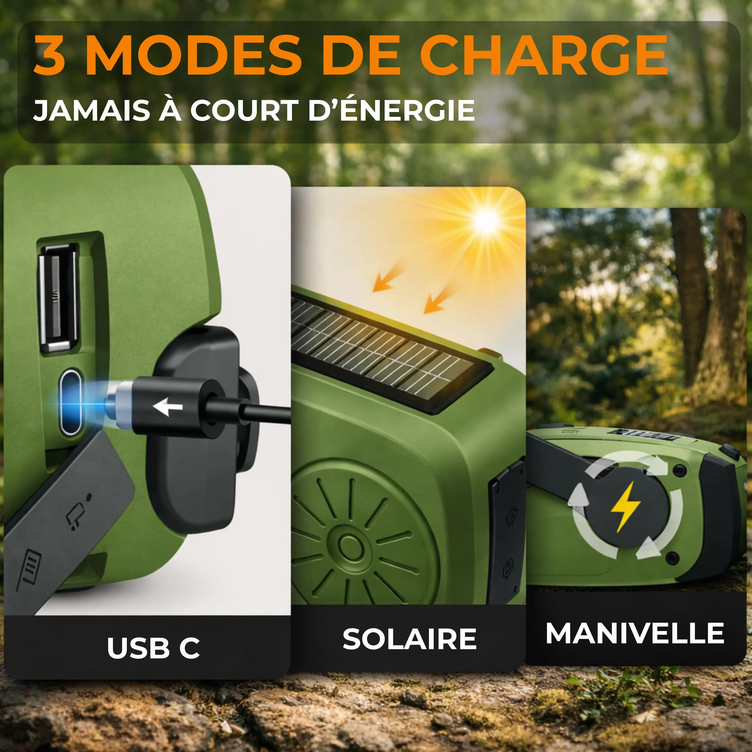 Radio Portable Urgence AM/FM/WB Auto-alimentée 2000mAh Dynamo Lampe SOS Powerbank Camping Randonnée Vert