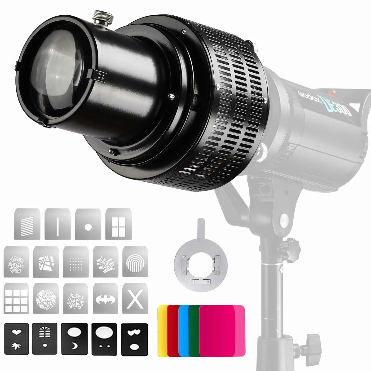 Soonpho Snoot Optique Conique avec Support Bowens pour Photographie, Alliage d'aluminium GOBO Projecteur Bowens avec 5 filtres de Couleur 10 Gobos pour Monolight LED Lumière Spotlight Flash de Studio