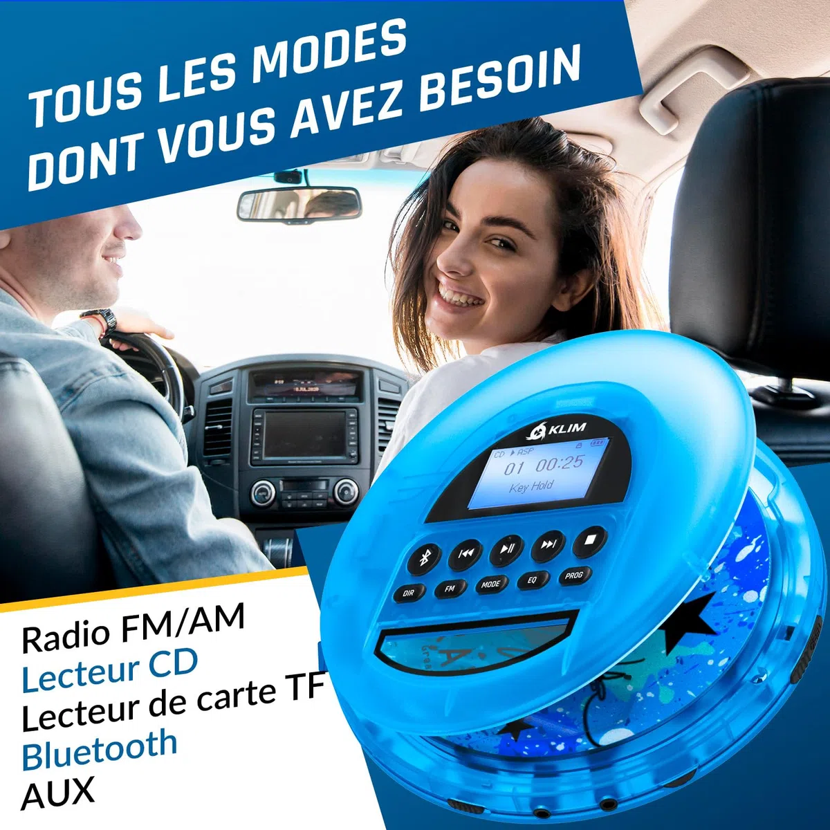 Nomad Lecteur CD Portable Bluetooth - Batterie Longue Durée - Radio FM TF | Écouteurs Inclus, Double Port Audio, Carte TF, Radio FM, Protection Anti-Saut, Câble AUX Voiture - Bleu Transparent