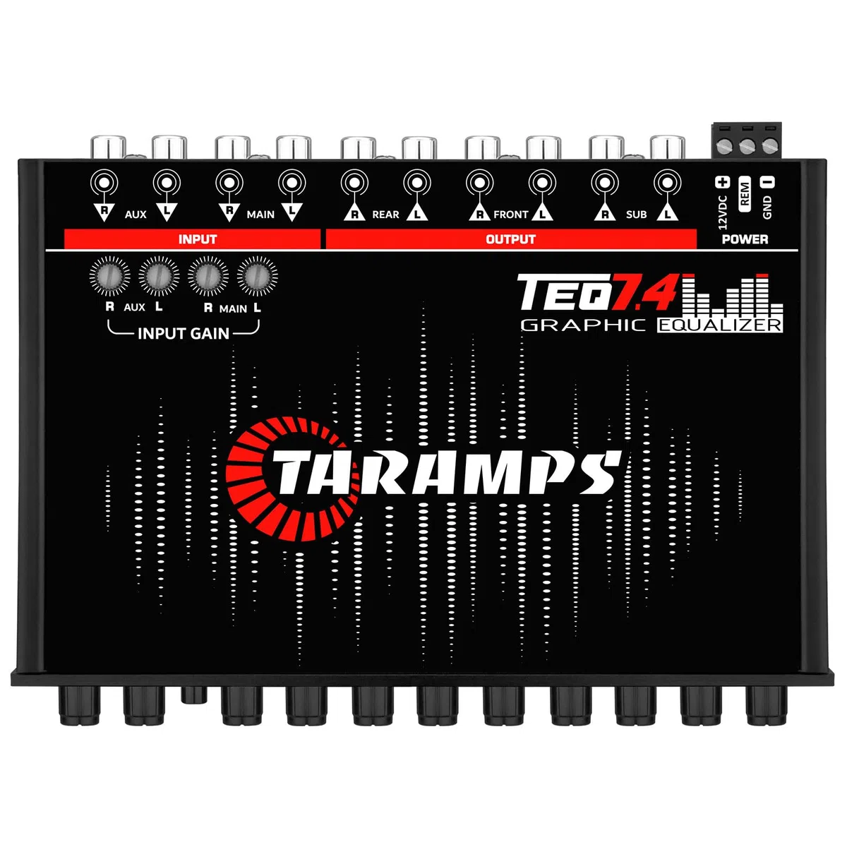 Taramps TEQ 7.4 Égaliseur Graphique stéréo 7 Bandes pour Voiture Entrée/Sortie RCA, Gain auxiliaire, contrôle du Fader, 2 canaux d'entrée, 3 canaux de Sortie, égaliseur de Son LED Bleue