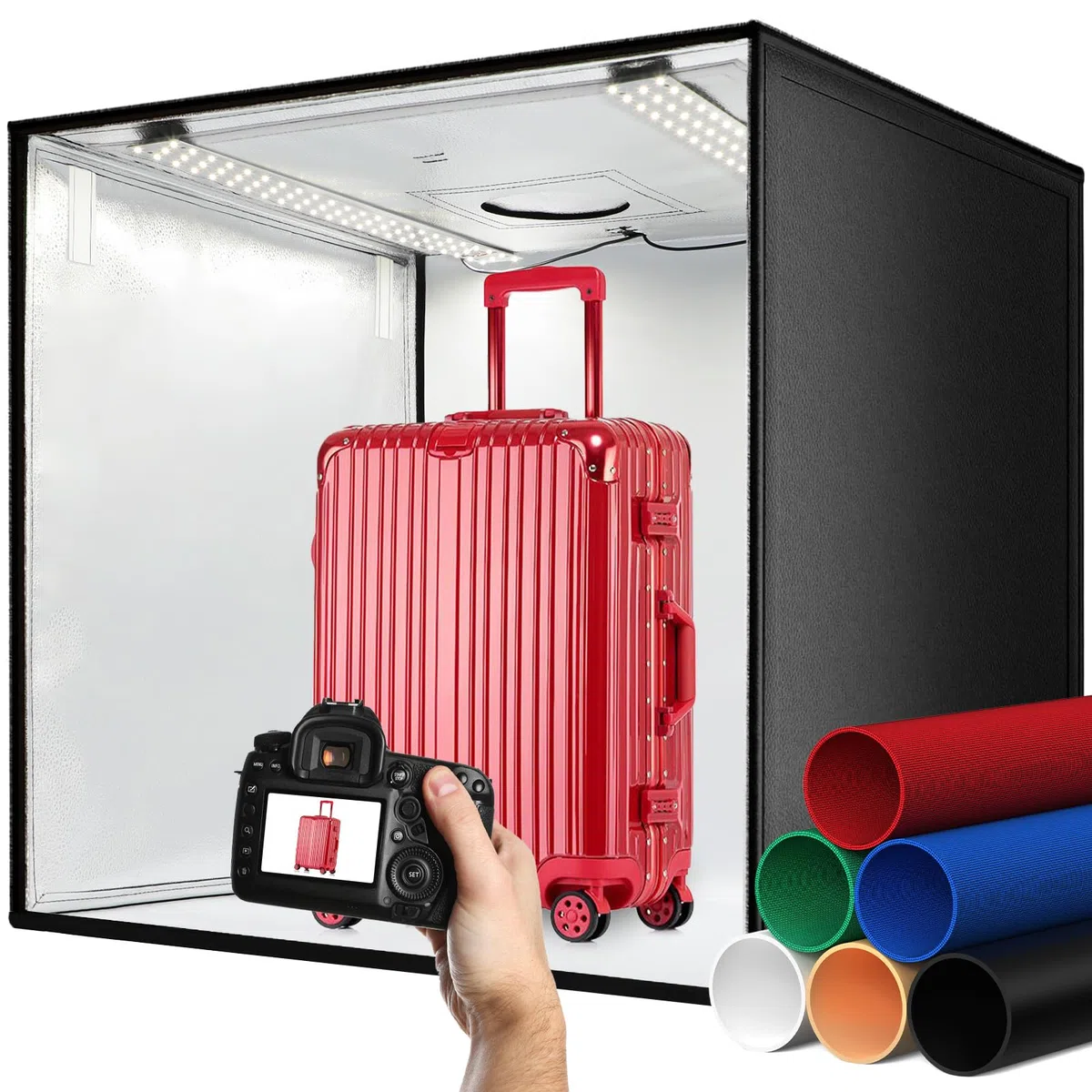 DUCLUS Portatile Tenda Studio Fotografico 60x60x60cm, Softbox Tenda Kit Scatola Luminosa Regolabile con 120 Dimmerabile LED e 6 Colori Sfondo