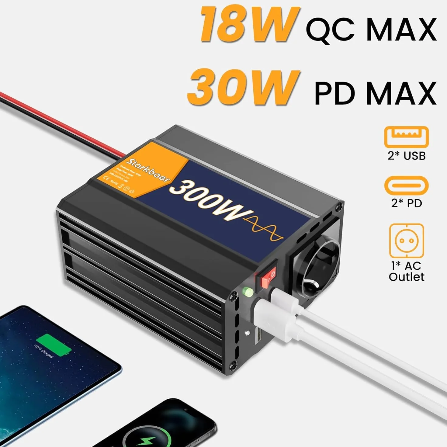 Convertisseur Voiture 12V 230V Pure Sinus 300W Onduleur Allume-Cigare USB | Onduleur avec Prise Allume-Cigare, 4 Ports USB & Boîtier en Aluminium. Idéal pour Recharge de Téléphone & Voyages en Auto