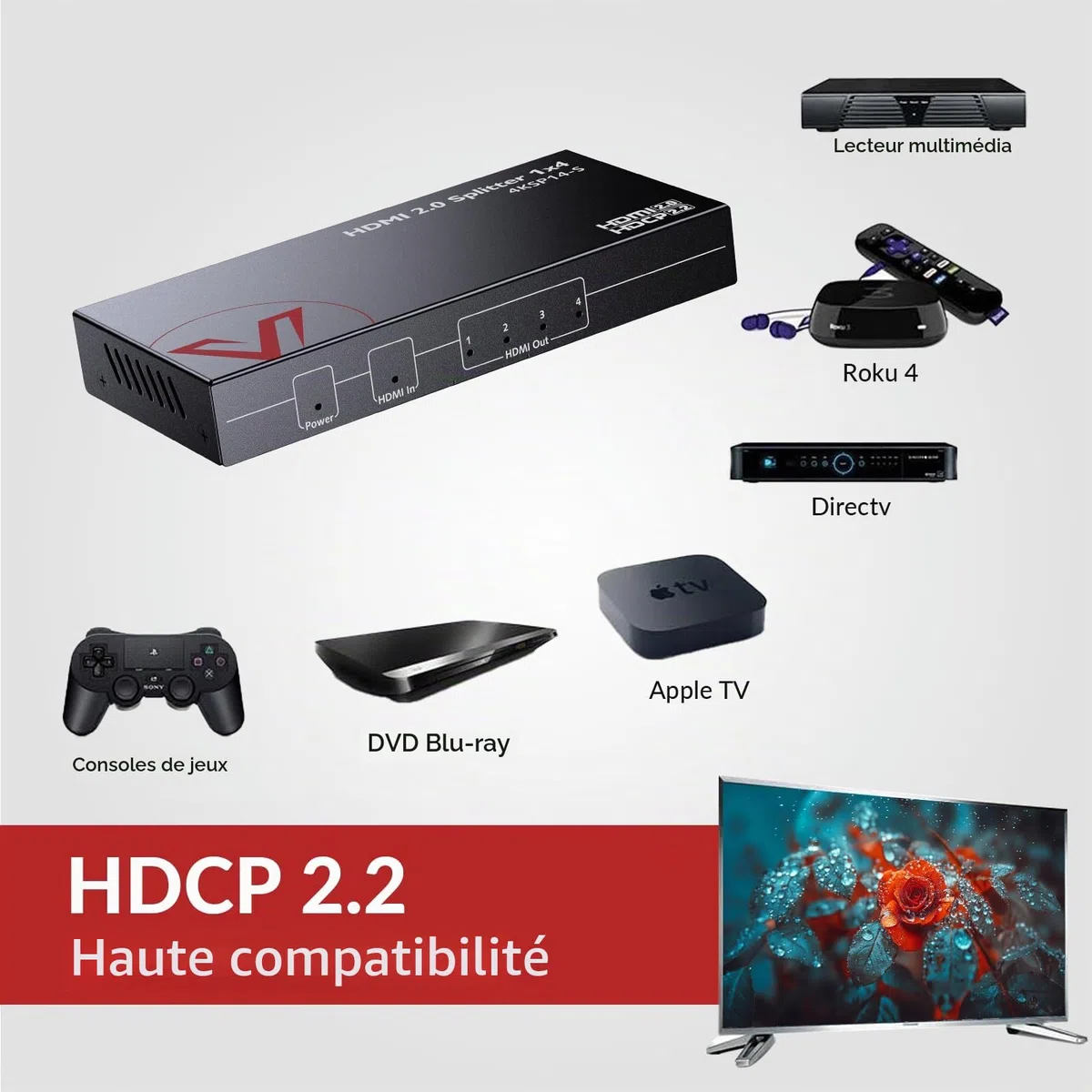 AV Access 1 entrée 4 Sorties UHD 4K@60Hz 1080p@120Hz Répartiteur HDMI 2.0 avec réduction d'échelle Automatique, répartiteur HDMI 4K avec HDR10 et 3D, Audio HD sans Perte, HDCP 2.2, EDID Automatique