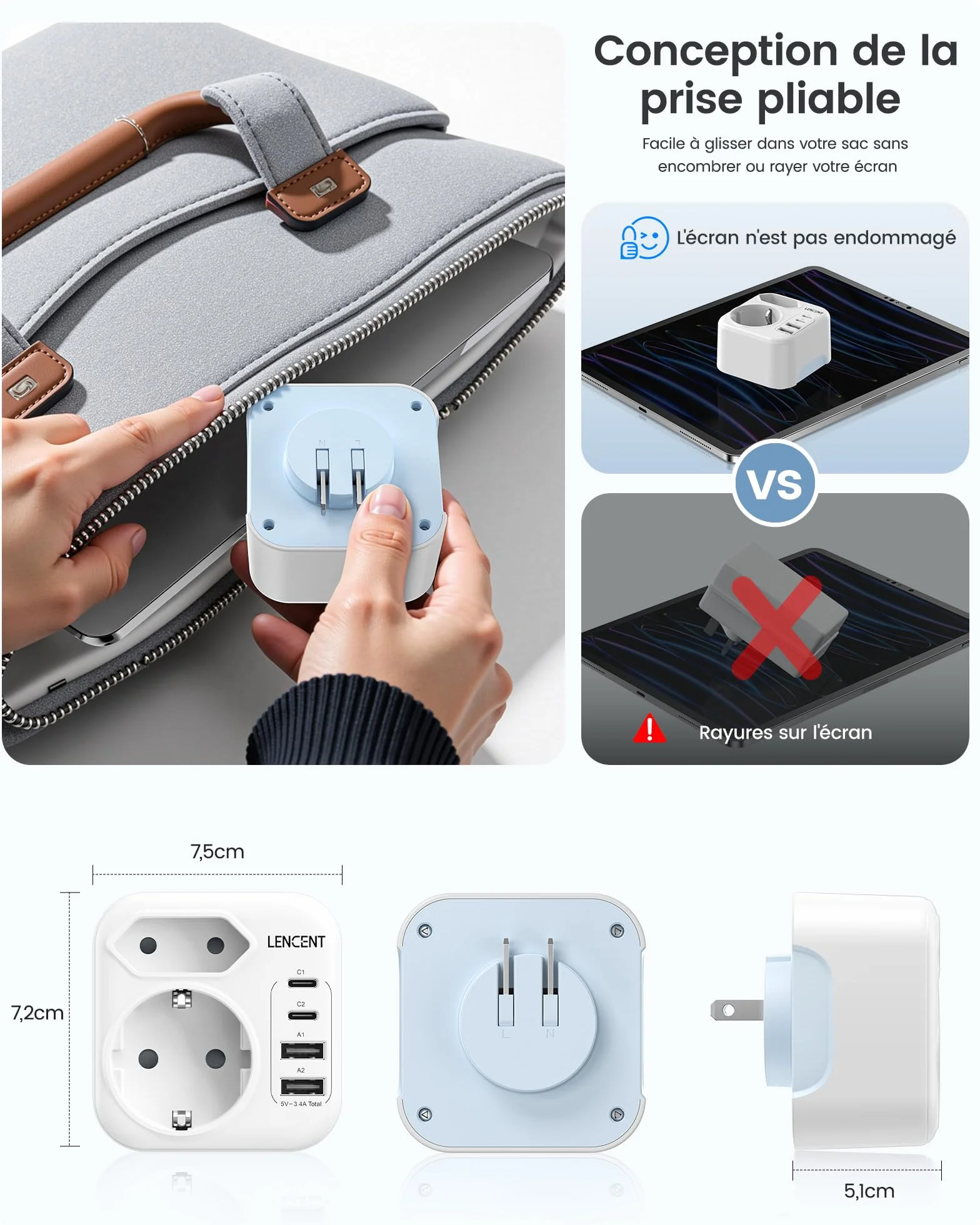 LENCENT Adaptateur de Voyage Prise Type A USB-C Pliable USA Canada Mexique Thaïlande
