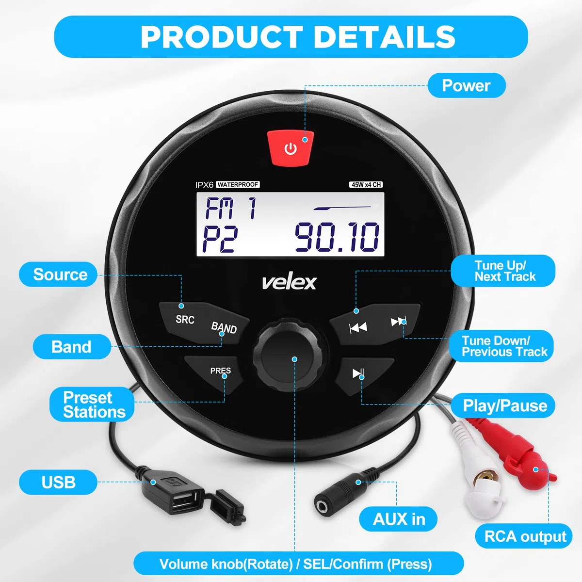 Vélex Récepteur stéréo étanche Bluetooth marine avec lecteur MP3, DAB+/AM/FM et USB pour streaming de musique sur bateau, golf carts, ATV/UTV et spa/hot tubs