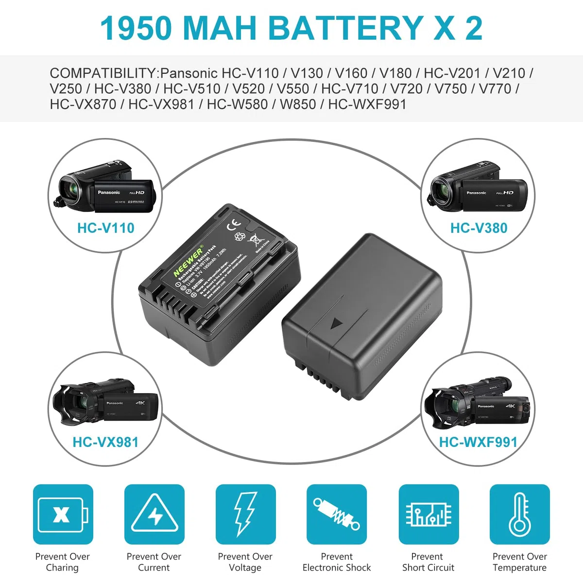 Neewer VW-VBT190 Batterie (Lot de 2/1950mAh) avec Chargeur Double USB Compatible avec Panasonic HC-V110 V130 V160 V180 HC-V201 V210 V250 HC-V380 HC-V510 V520 V550 HC-V710 V720 V750 V770 HC-VX870