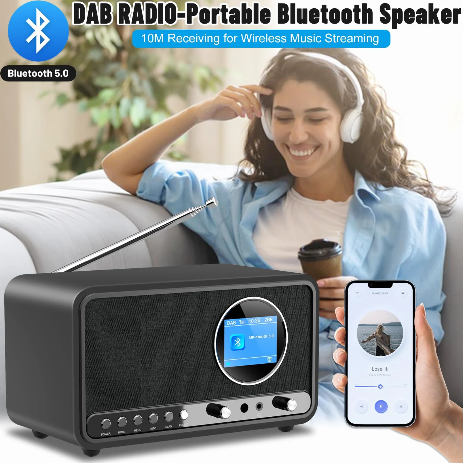 Wholede Radio DAB+/FM avec Bluetooth, radio numérique DAB Plus, radio de cuisine, radio-réveil, avec minuterie de mise en veille, alarme Snooze, USB/Aux-In, noir