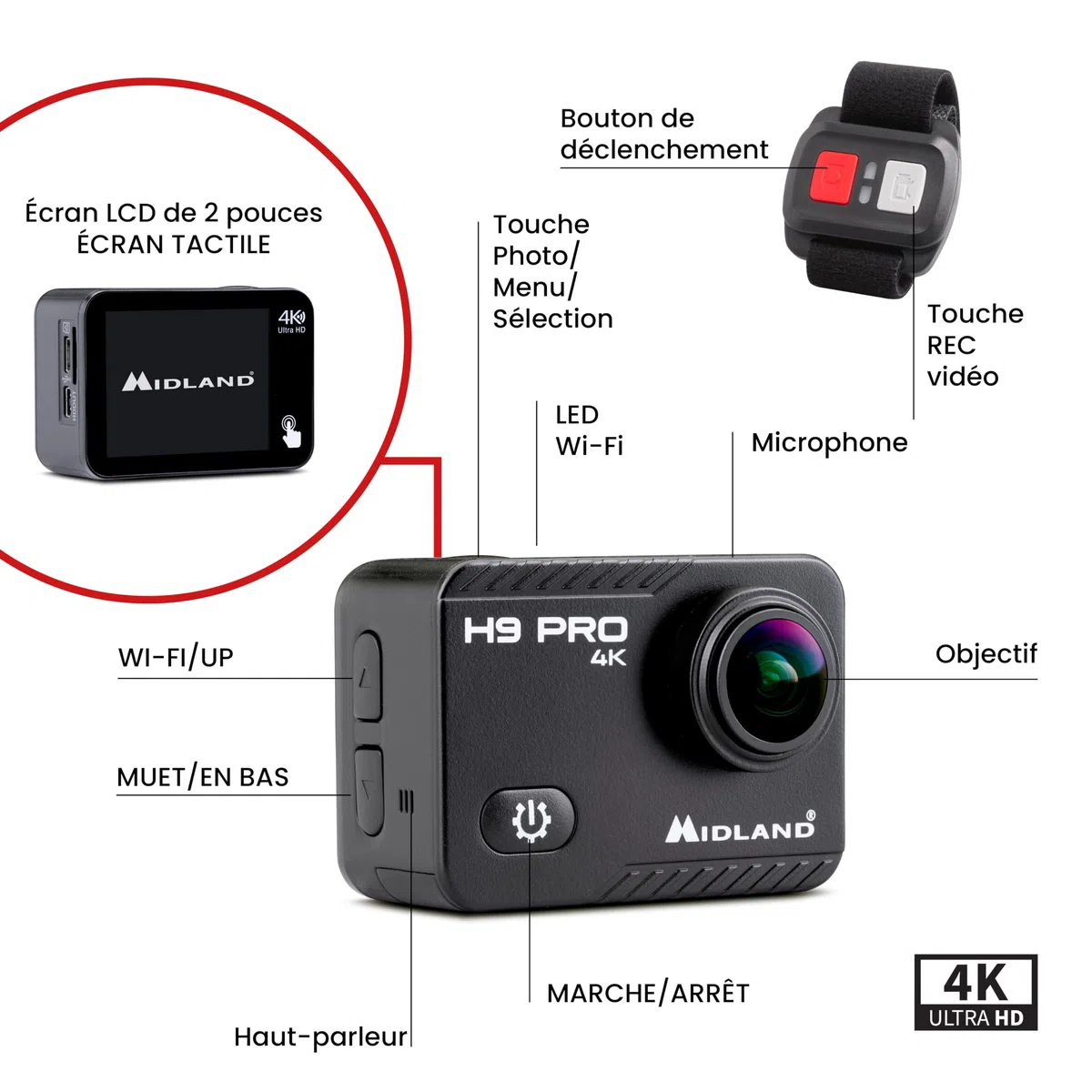 Midland - Camera Sport 4K H9 Pro WIFI Remote Control, Camescope Caméra Video Plongée Sportive, Appareil Photo Sous Marin 30m Autonomie 2H 30fps Photo 20MP, Touchscreen IPS 7 Modes, Contrôle Smartphone