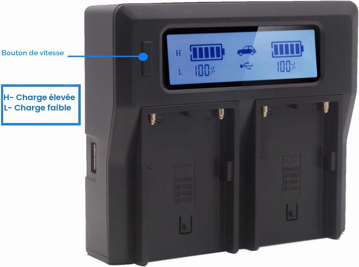 Baxxtar Chargeur Dual LCD USB pour Batteries Sony BP-U30 BP-U35 BP-U60 BP-U65 BP-U70 BP-U90 BP-U95 BP-U100 – pour caméras Sony PMW EX1/EX1r EX3 F3 100 150 160 200 – Mode Turbo 1500mA et Sortie USB