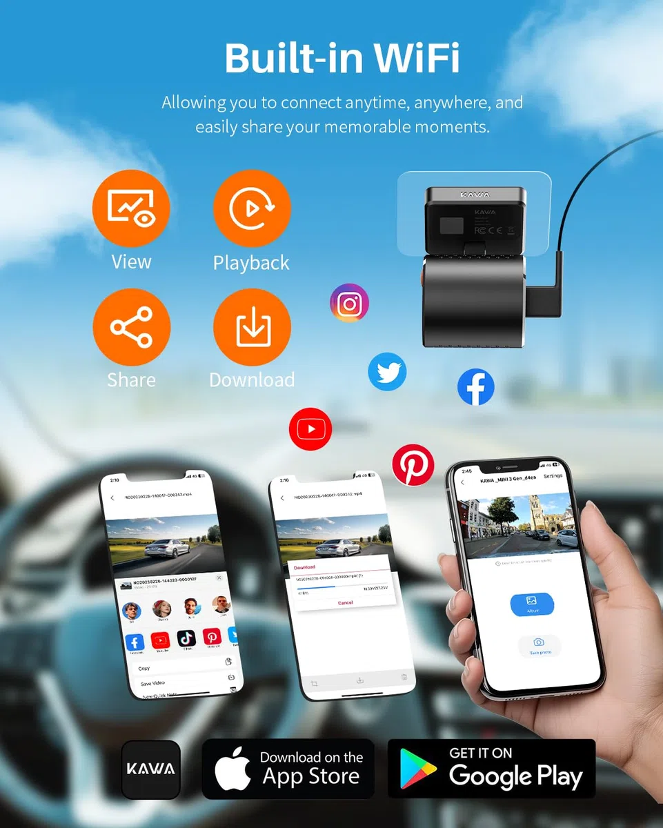 KAWA Mini Caméra de Voiture 2K 1296P QHD, Dashcam Commande Vocale, Capteur G, Carte TF 32GB Gratuite, WiFi Intégré, Contrôle APP, Vision Nocturne WDR/3D DNR, Mode Parking 24H